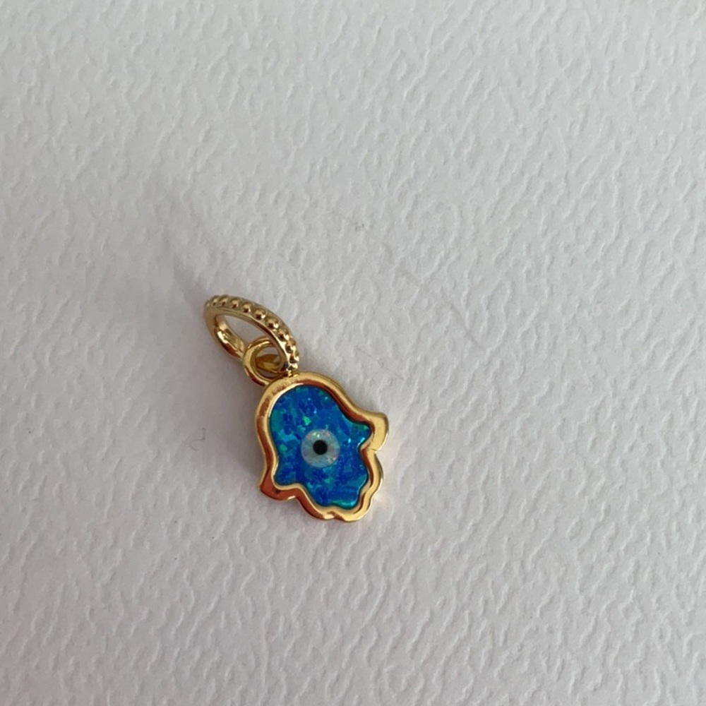Gold Hamsa Hand Charm with Blue Enamel